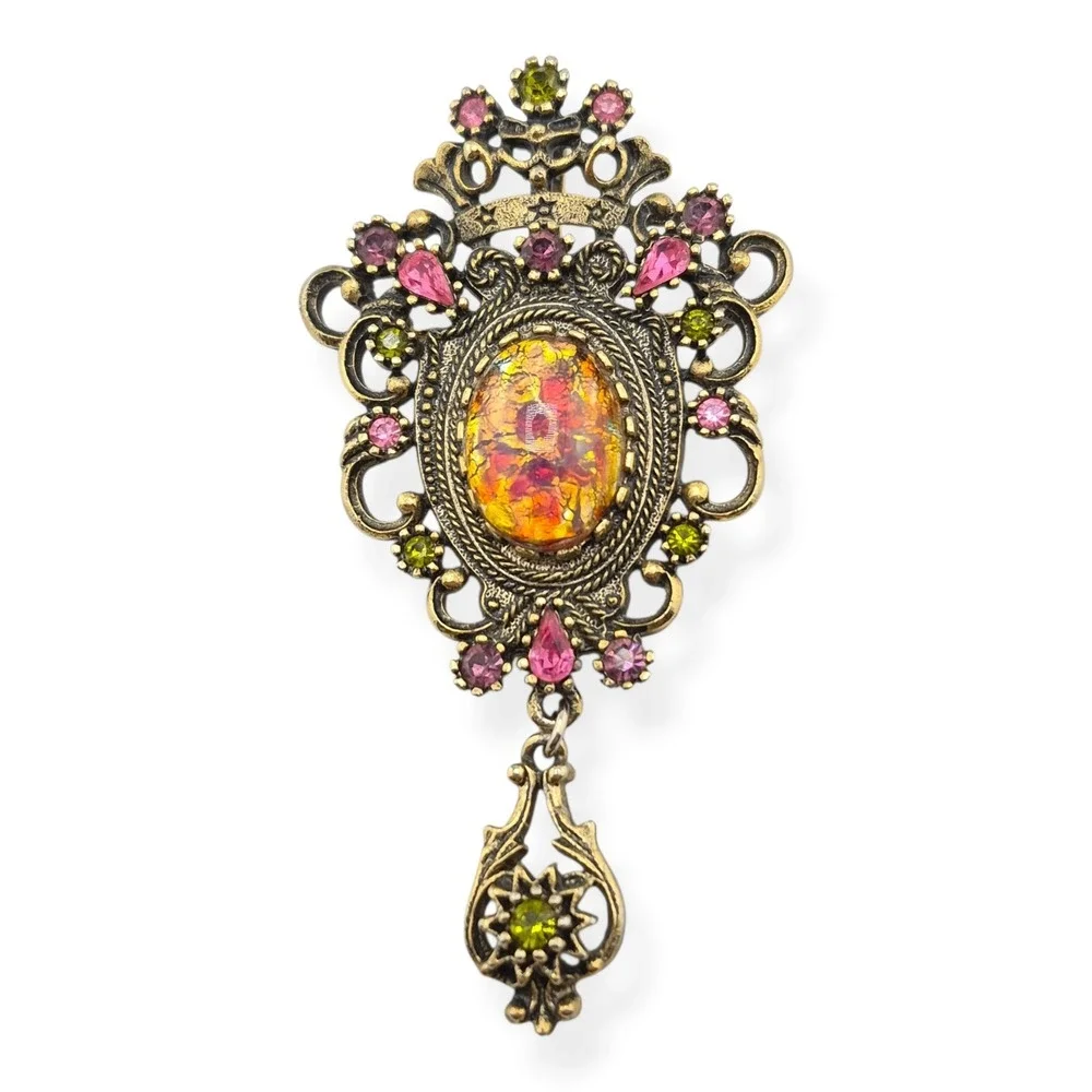 Sarah Coventry Contessa Brooch Pendant Faux Fire Opal Rhinestone 1974 Vintage